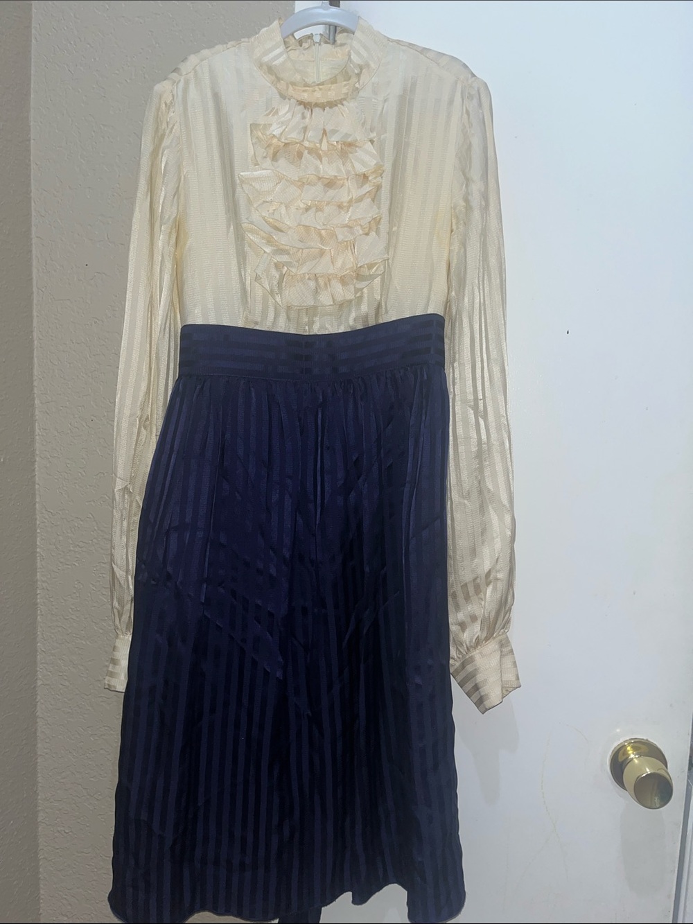 Anna Sui Navy and Cream Ruffled Blouse Midi Dress
